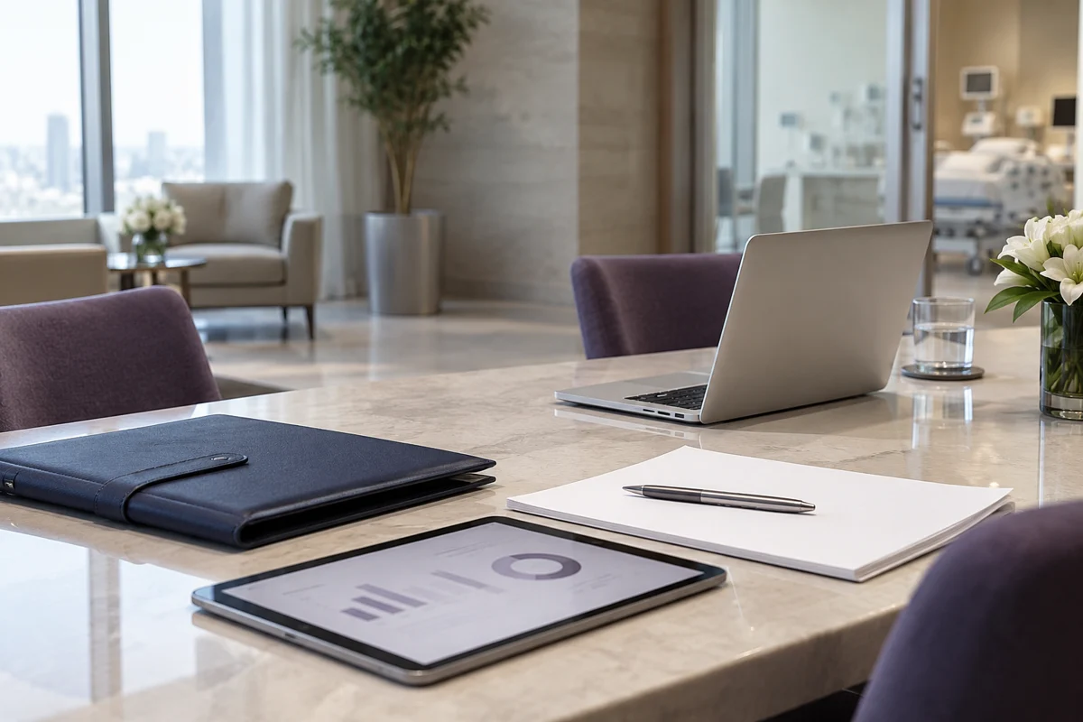 Healthcare workspace with a laptop, tablet, and review documents.